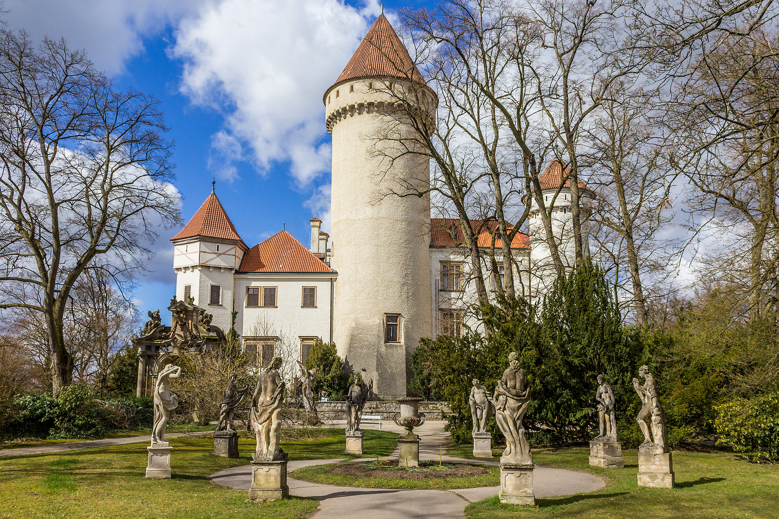 Stately Konopiště Chateau was the family home of Archduke Franz Ferdinand Statues in the grounds of Konopiste Castle in Czech Republic
