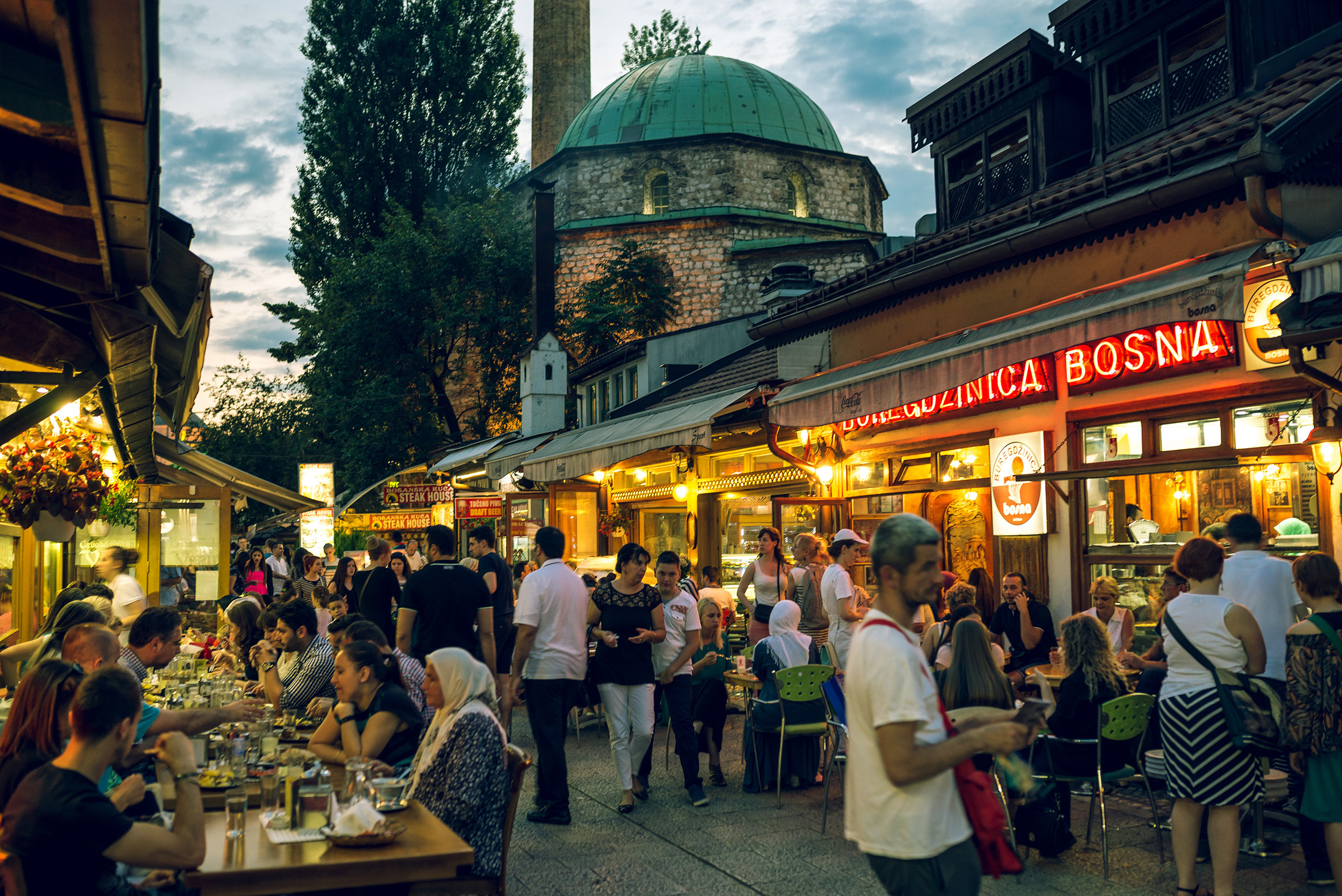People having iftar dinner on streets of Sarajevo, Bosnia, during holy muslim month of Ramadan